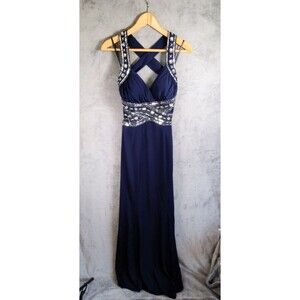 DEB Long Evening Gown Formal Prom Dress Sz 5/6 Navy Beaded Criss Cross Back